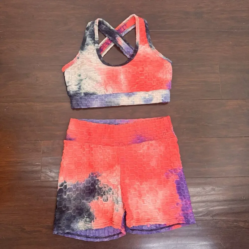 AQ-SPORT 2 Pc Matching Workout Set Sports Bra Biker Shorts Tie Dye Honeycomb M